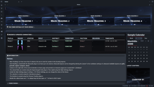 Obsidian Template Vault main dashboard